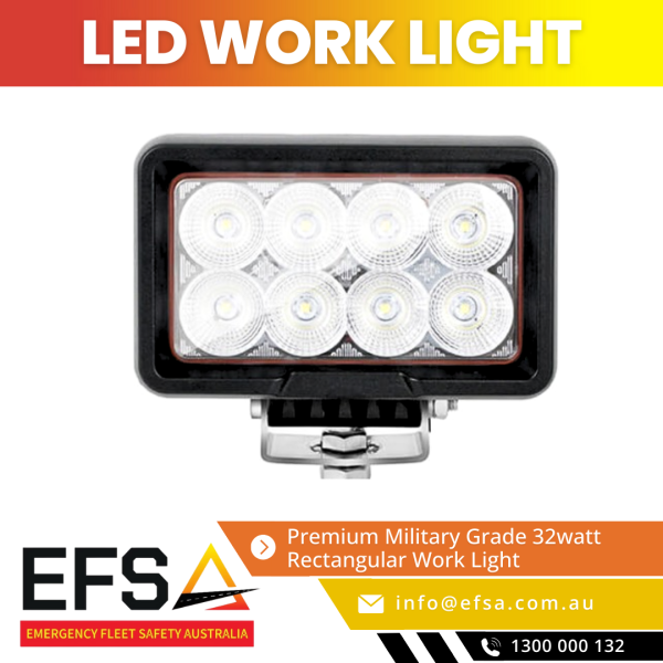 LUMINOUS32 Premium Military Grade Work Light - High-intensity 32W LED rectangular work light for industrial, off-road, and emergency applications, available at EFSA Australia.