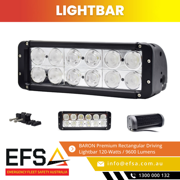 BARON 120 Premium Rectangular Driving Lightbar – High-performance LED lightbar for off-road and highway driving, available at EFSA Australia.